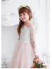 Long Sleeves Ivory Lace Pink Tulle Flower Girl Dress
